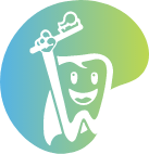Animated tooth wearing a cape and holding a toothbrush icon