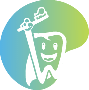 Animated tooth wearing a cape and holding a toothbrush icon