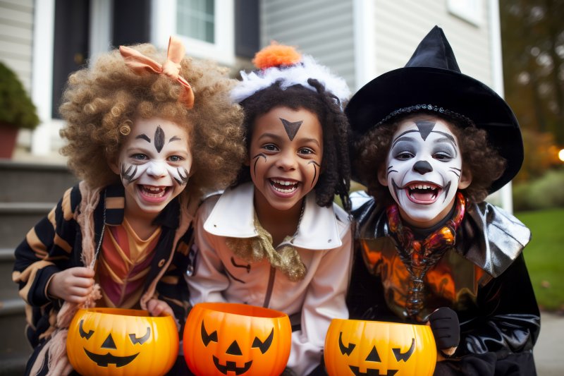 Kids with good dental hygiene trick-or-treating 