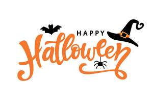 Text reading Happy Halloween with bat, witch hat, and spider decorations